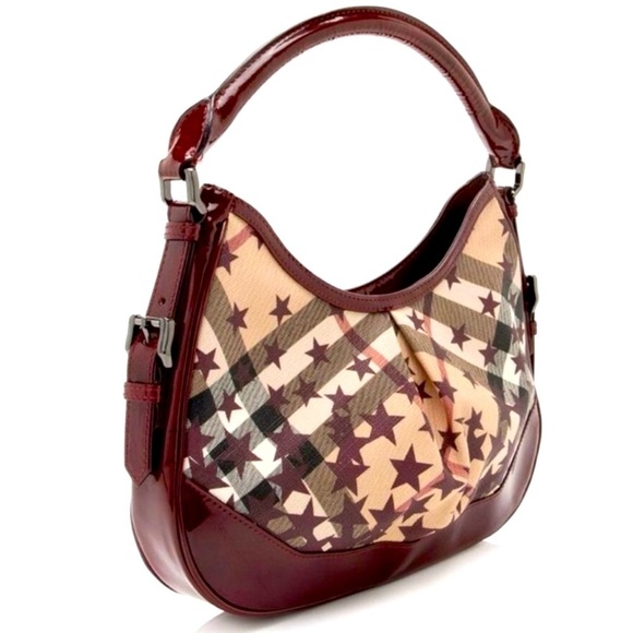 BURBERRY Maroon & Tan Star Print Canvas & Patent Leather Handbag, EUC - Picture 1 of 15